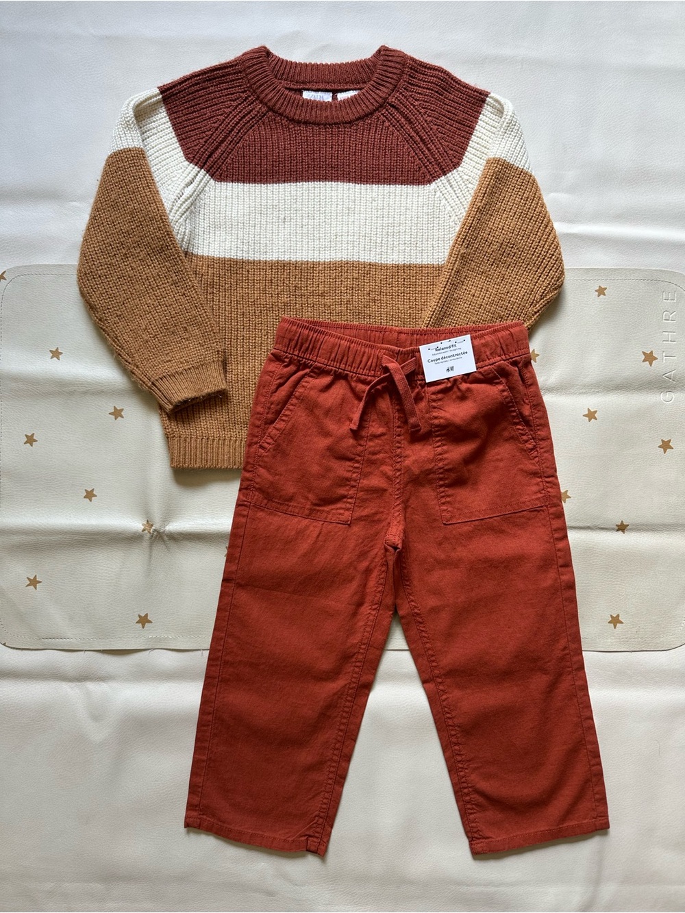 4/5 Zara Colorblock Fall Knit Sweater & 3t H&M Copper Rust Linen Blend Pants
